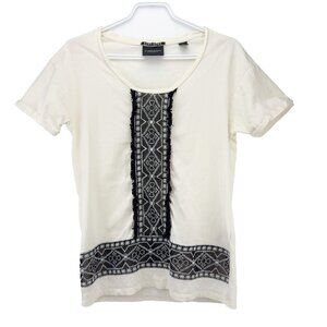 MAISON SCOTCH Sheer Mesh Embroided Boho Fringes Black White‎ Cotton T-Shirt S